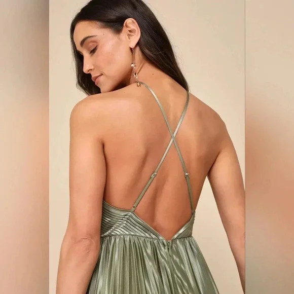 Lulus Elaborate Charm Olive Green Satin Pleated Backless Maxi Dress XL  Wedding